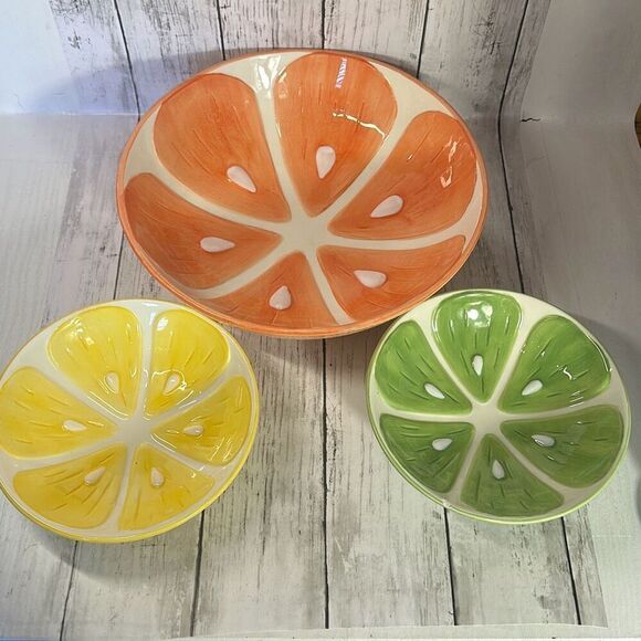 Pier 1 Imports Citrus Earthenware Serving Bowl & 2 Bowls Set Lemon Lime - Picture 1 of 8